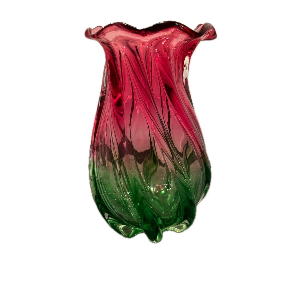 Swirled Glass Vase Tulip Shape Urn Ruffled Rim  Deep Pink Green Ombre Vintage